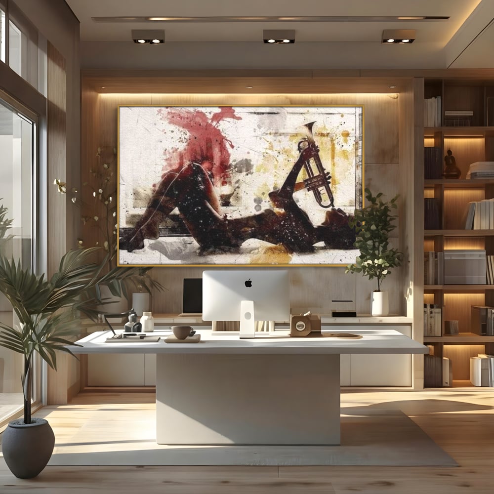 Tablou canvas cu tablou canvas cu silueta si trompeta, in rama de aluminiu auriu, pe perete intr-un birou